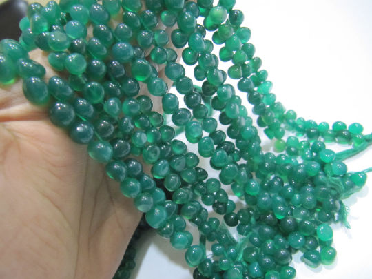 Natural Green Onyx Onion Shape Plain 6 to 8mm Beads Strand 8 Inches Long