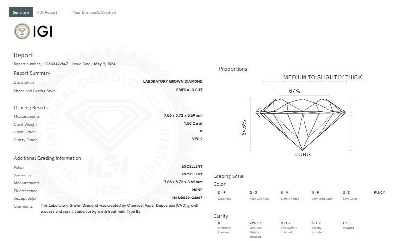 EMERALD 1.56ct D VVS2 IGI 633422667 Lab Grown Diamond EC1149101