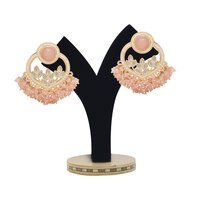 Moonlit Pearls And Beads Earring - Alloy, 5x3.5 Cm, Peach Color | Gold Plated, Channel Setting, Adjustable Size, Ideal For Women At Weddings & Parties