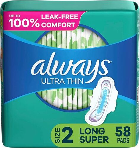Always Ultra Thin Feminine Pads For Women, Size 2 Long Super Absorbency, With Wings, Unscented, 58 Count(Pack of 1)