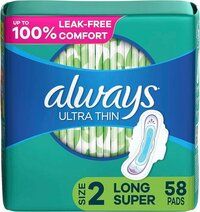 Always Ultra Thin Feminine Pads For Women, Size 2 Long Super Absorbency, With Wings, Unscented, 58 Count(Pack of 1)