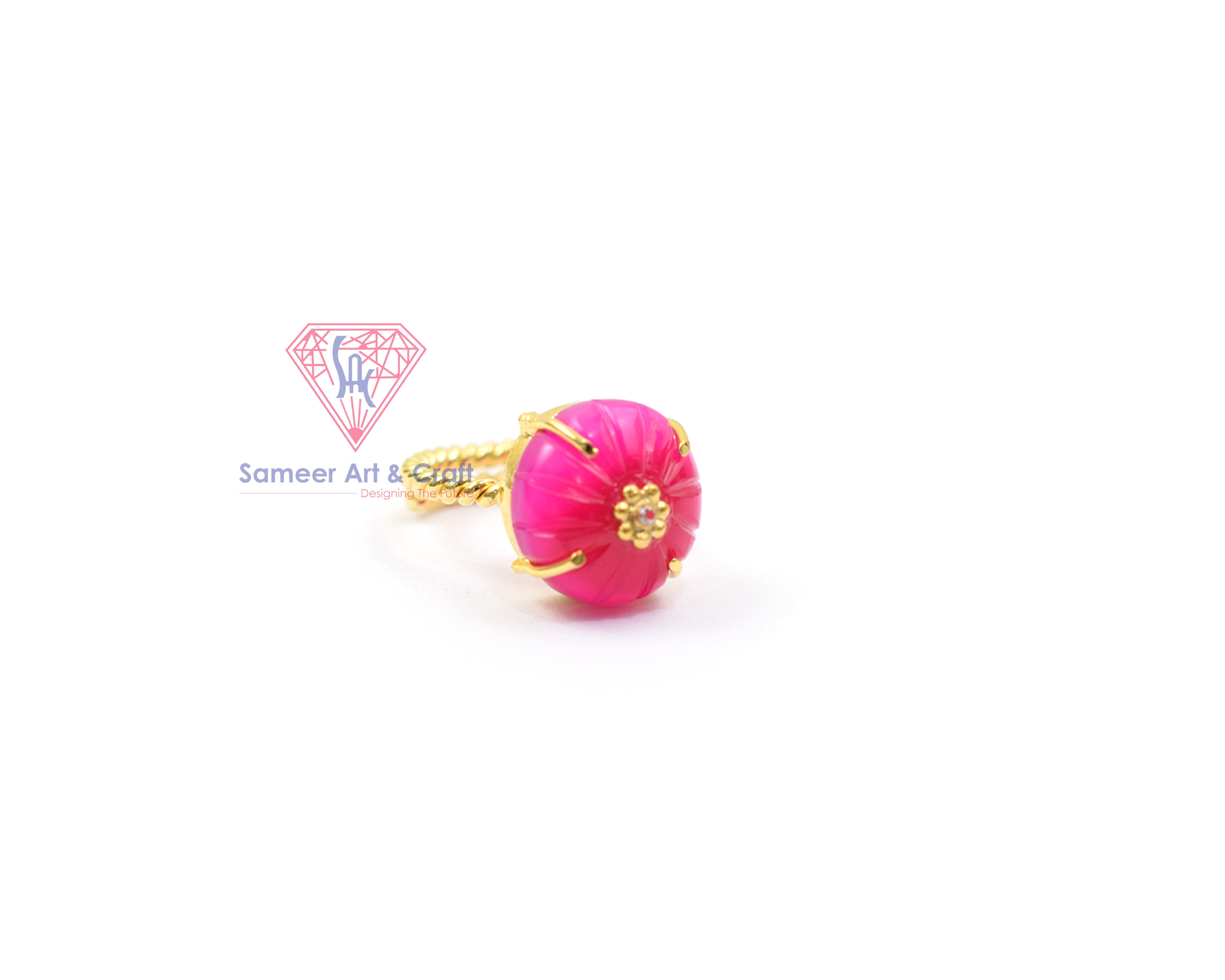 Hot Pink Chalcedony Gemstone Gold Plated Handmade Adjustable Ring