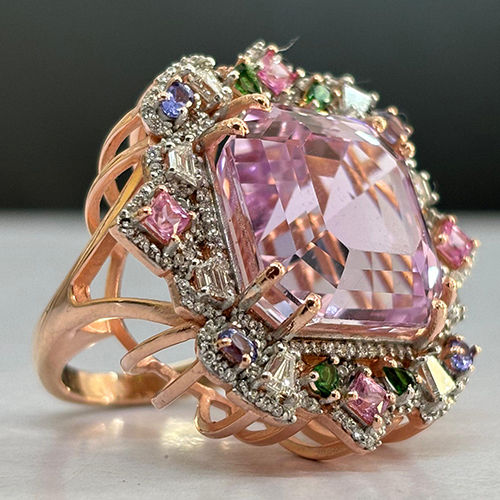Gold Large Kunzite Diamond Ring