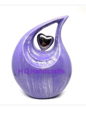 Aluminium Tear Drop Urn - 10 Inch Modern Arts Design, Purple Enamel Finish with Heart Motif