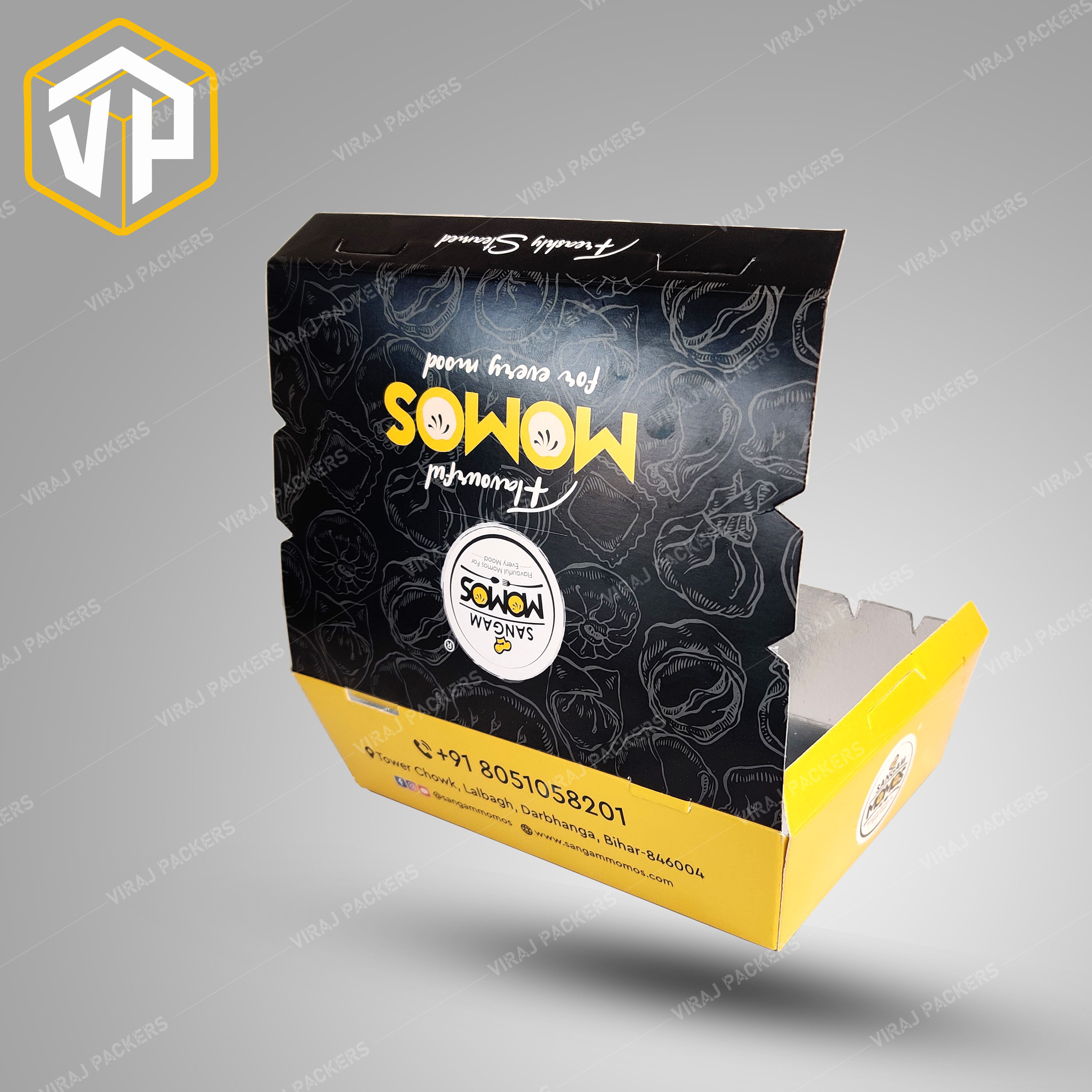 Premium Printed Momos Packaging Box with silver coating inside