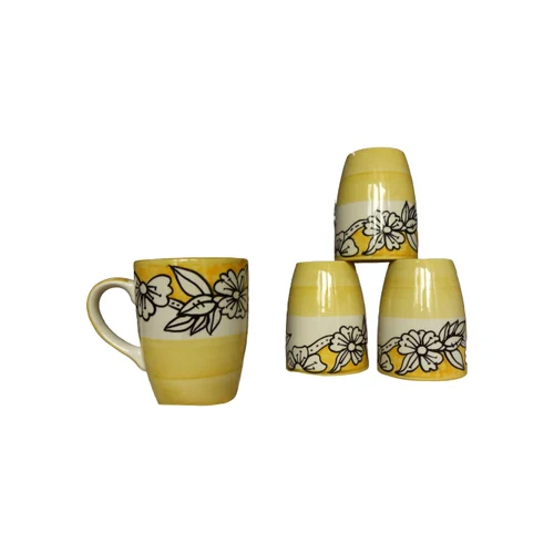 Hand Painted Yellow Colour Motif Design Stoneware Coffee Mug