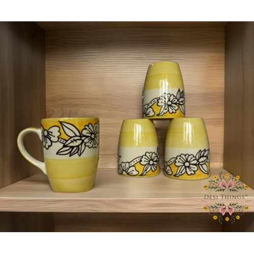 Hand Painted Yellow Colour Motif Design Stoneware Coffee Mug