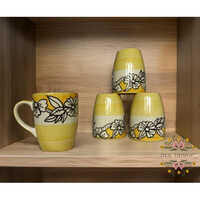 Hand Painted Yellow Colour Motif Design Stoneware Coffee Mug