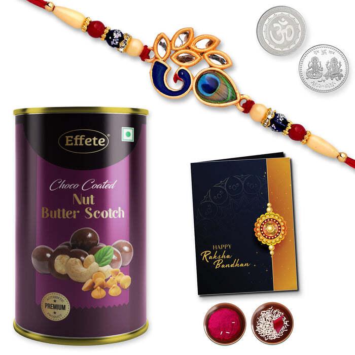 Click to expand Peacock Rakhi Combo With Effete Assorted Choco Nuts Butterscotch 96gm, Silver Color Pooja Coin, Roli Chawal & Greeting Card