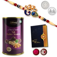 Click to expand Peacock Rakhi Combo With Effete Assorted Choco Nuts Butterscotch 96gm, Silver Color Pooja Coin, Roli Chawal & Greeting Card