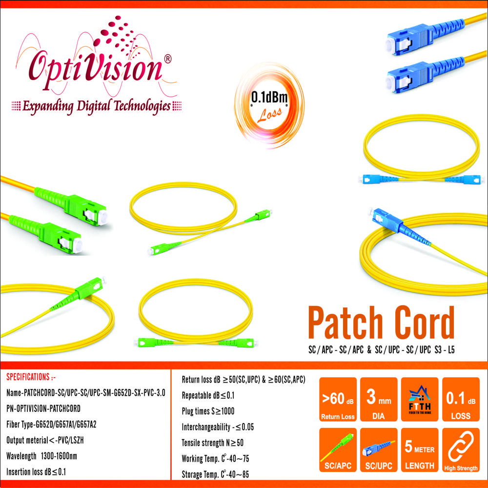Patch Cord Sc-apc Sm 3mm 5meter - Single-mode Fiber, 5m Length, Lszh Jacket, 0.3 Db Insertion Loss, 65 Db Return Loss, Ruggedized For Durability