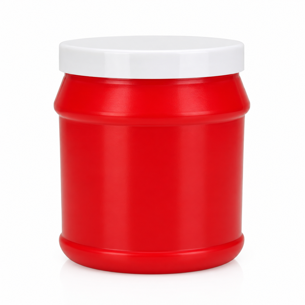 1 Litre Round Plastic Jar - Plastic Material, 1 Litre Capacity, Red and White Color | Secure Lid, Ideal for Organizing Various Items