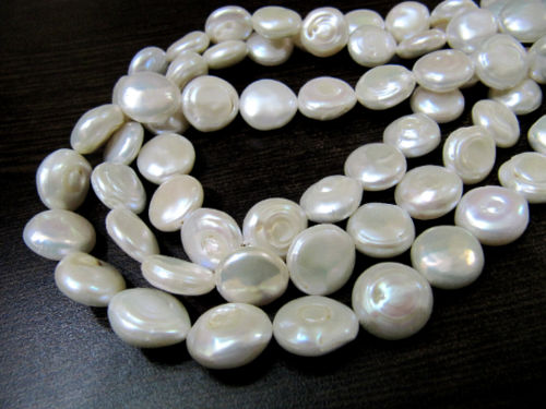 Natural Coin Shape White Pearl 12-13mm Beads Strand 16 inches Long