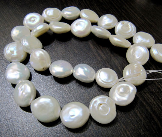 Natural Coin Shape White Pearl 12-13mm Beads Strand 16 inches Long