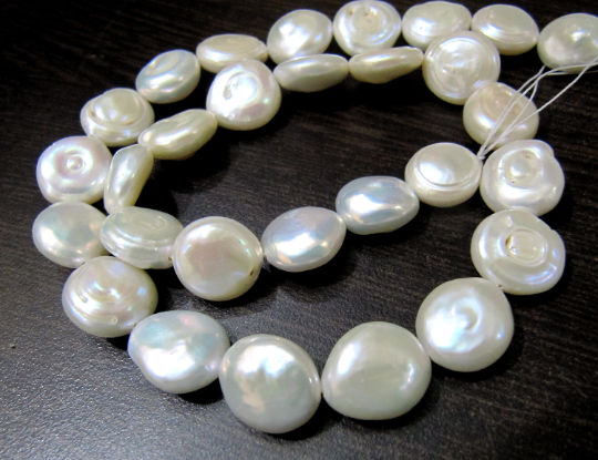 Natural Coin Shape White Pearl 12-13mm Beads Strand 16 inches Long