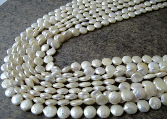 Natural Pearl Coin Shape 11-12mm Beads Strand 16 inches Long