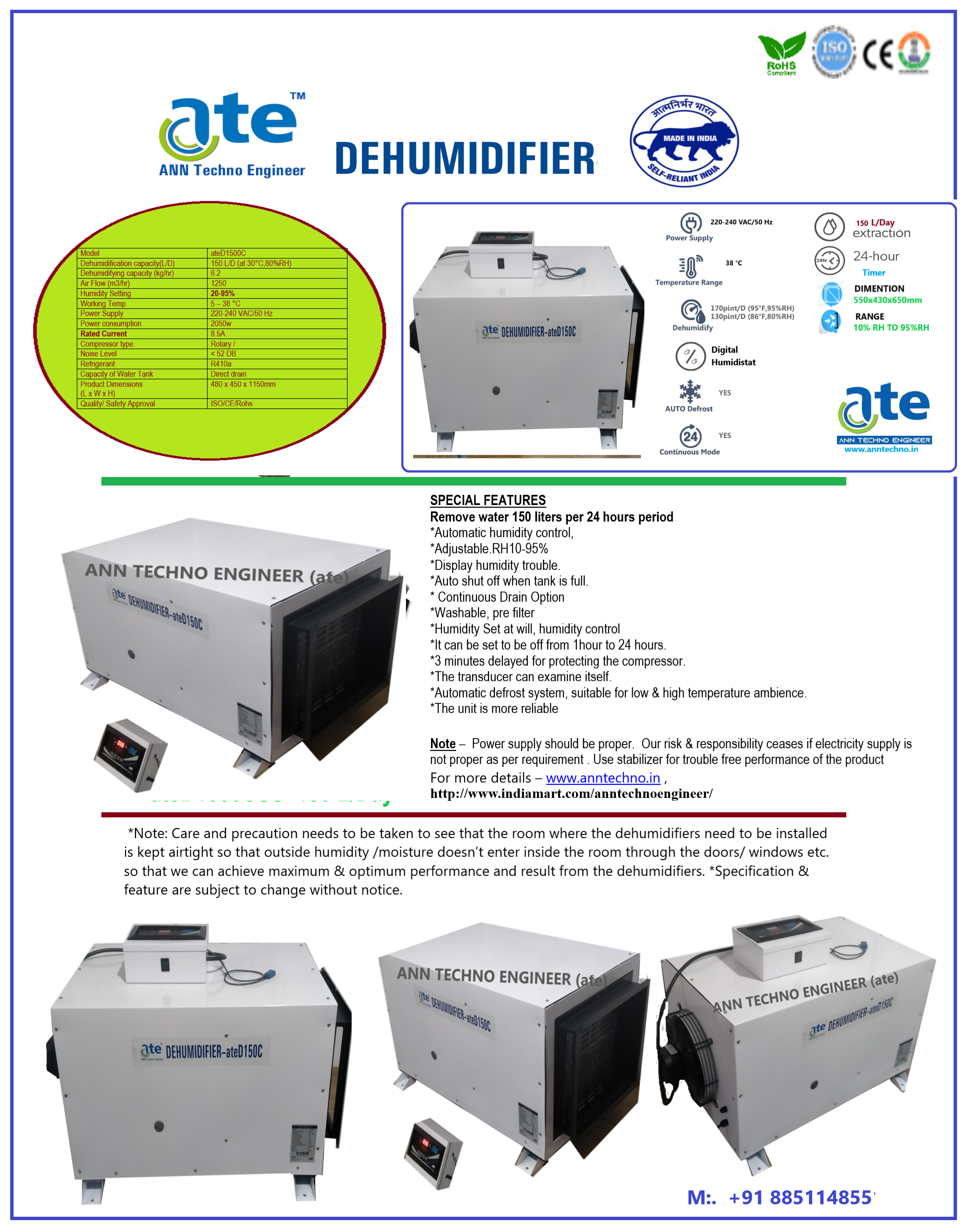 Wall And  Celling  Mounted Dehumidifier  150L-Day