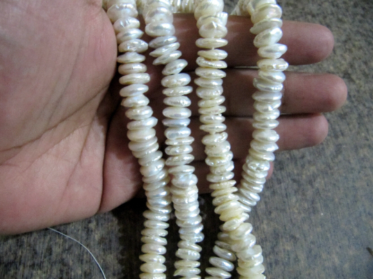 Natural White Pearl Button Disc Shape 10 to 11mm Beads Strand 8 inches Long