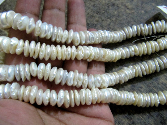 Natural White Pearl Button Disc Shape 10 to 11mm Beads Strand 8 inches Long