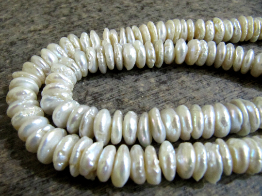 Natural White Pearl Button Disc Shape 10 to 11mm Beads Strand 8 inches Long