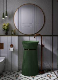 Imported Basil Green Artificial Stone Basin - 450x450x860 Mm | Smooth Surface Finish, Polished Design, One-piece Floor Mounted Structure With Rose Gold Trim