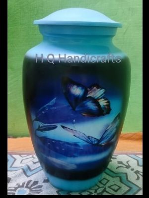 Aluminium Classic Printed, Enameled Butterfly Design Cremation Ash Urn - Color: Sky Blue