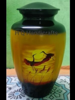 Cranes Design Printed, Enameled Ash Cremation Urn - Color: Black