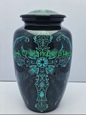 Classic Most Beautiful New Green Cross Designs Cremation Urn - Color: Dark Emarald (#111613)