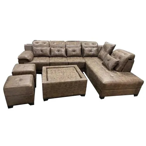 L Shape 8 Seater Brown Sofa Set One Table And Two Puffy