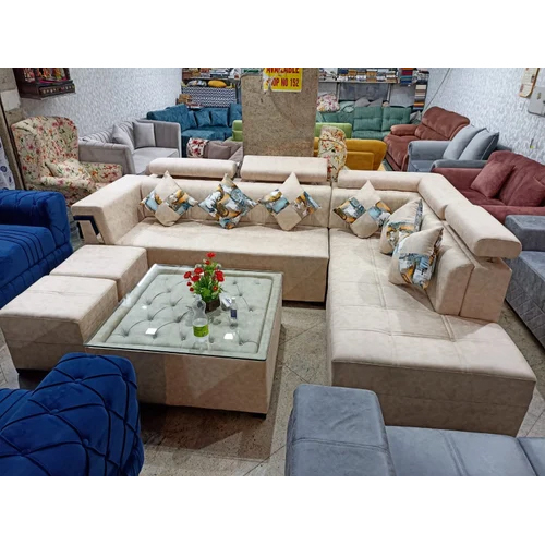 L Shape Sofa Set With Table And Two Puffy