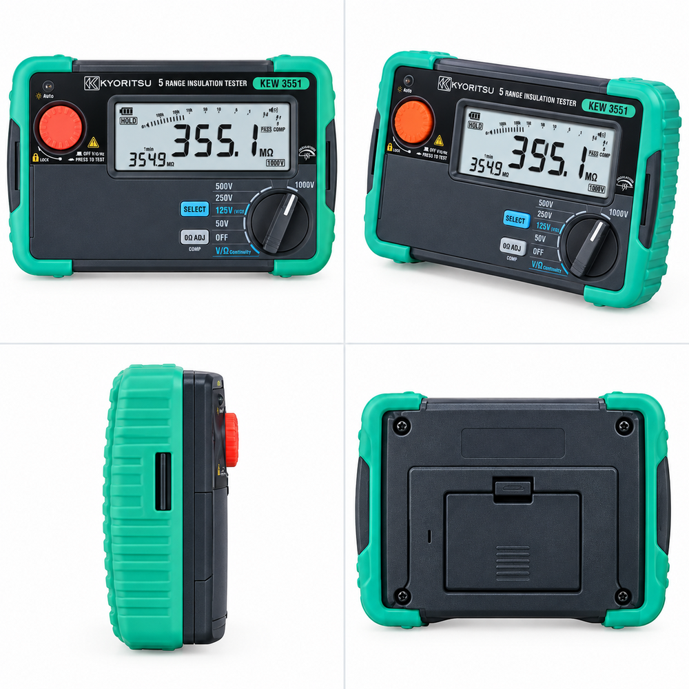 KEW 3551 Kyoritsu Digital Insulation Continuity Tester - Plastic Build, 0.05 Sec Test Speed | 50-1000V Range, Black & Green Design