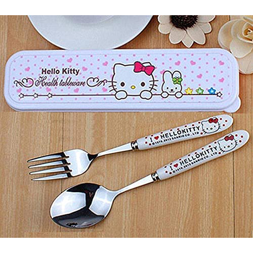 Cartoon Feeding Pink Kitty Stainless Steel Spoon And Fork