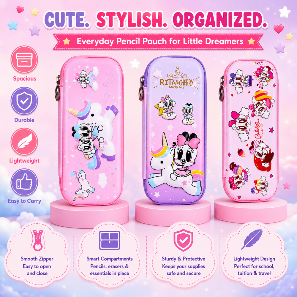 3d Unicorn Ride Cartoon Cover Hard Top Pencil Case - High-quality Plastic, Various Sizes Available | Stylish Modern Design, Fun Unicorn Theme
