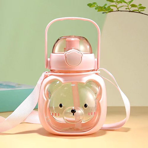 Cute Teddy Bear Shape Straw Water Bottle With Handle