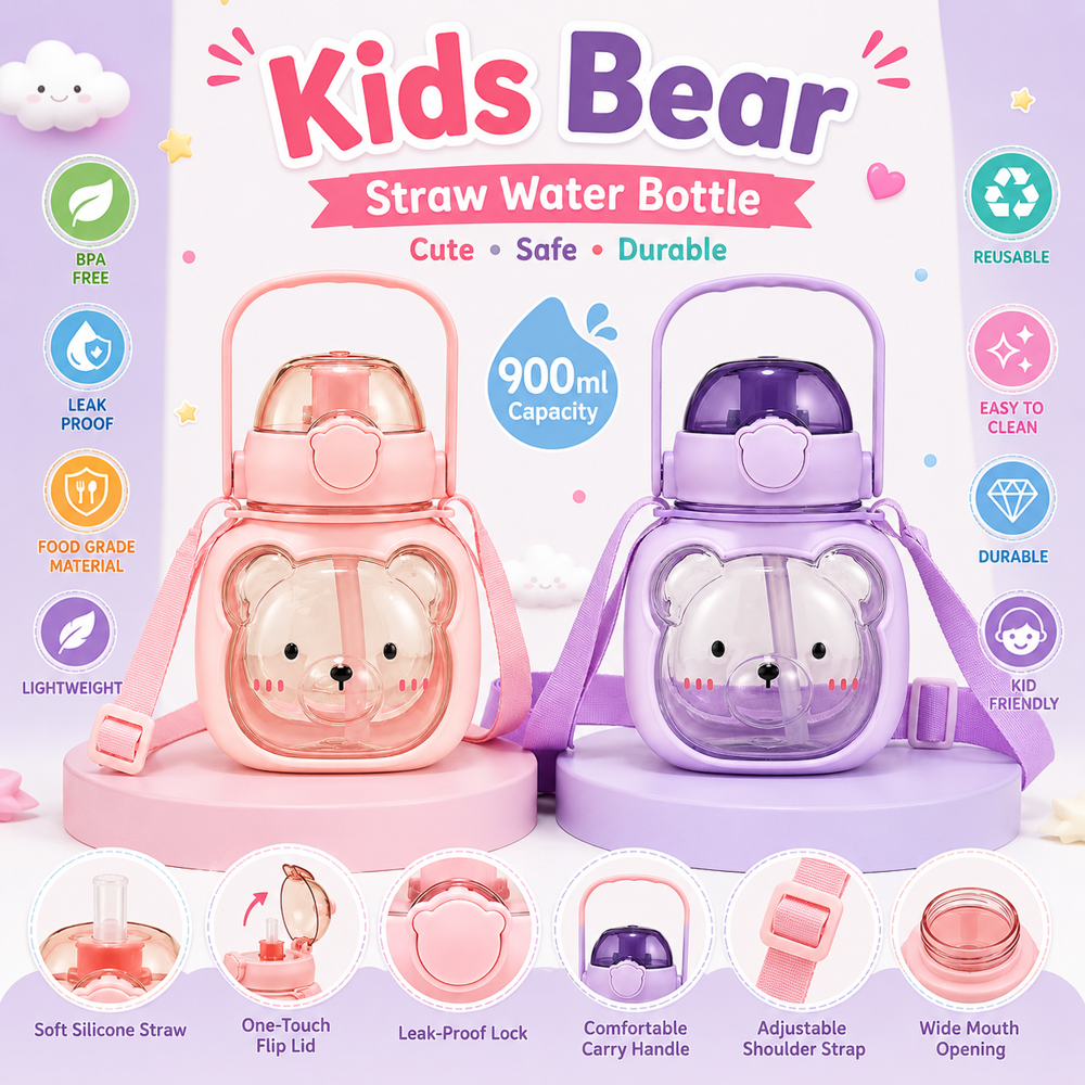 Cute Teddy Bear Shape Straw Water Bottle With Handle - Plastic, 500 ML, Multi-Color Options | Engraved Surface, Cork Sealing, Warranty Included