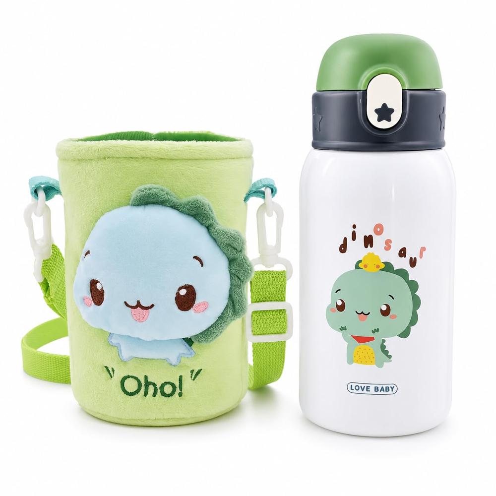 500 Ml Cute Dinosaur Kids Vacuum Water Bottle With Plush Carrying Pouch & Strap - Color: As Per Requirement