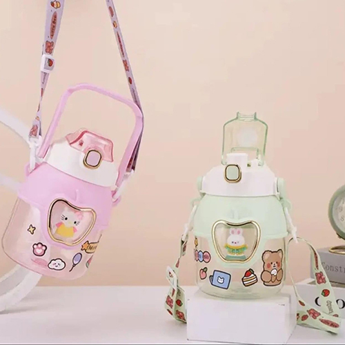 Cartoon Straw Water Bottle With Handle And Carry Strap