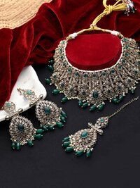 Blooming Beauty Reverse AD Mehandi Plated Choker Necklaces Set