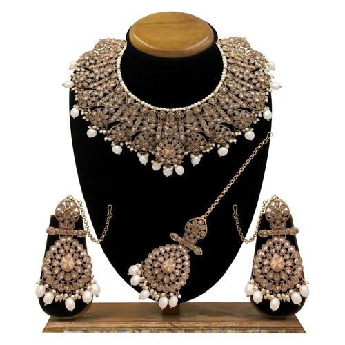 Blooming Beauty Reverse AD Mehandi Plated Choker Necklaces Set..