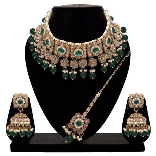 Floral Square Splendor Mehandi plated Reverse AD Choker Necklaces set