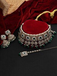 Floral Square Splendor Mehandi plated Reverse AD Choker Necklaces set