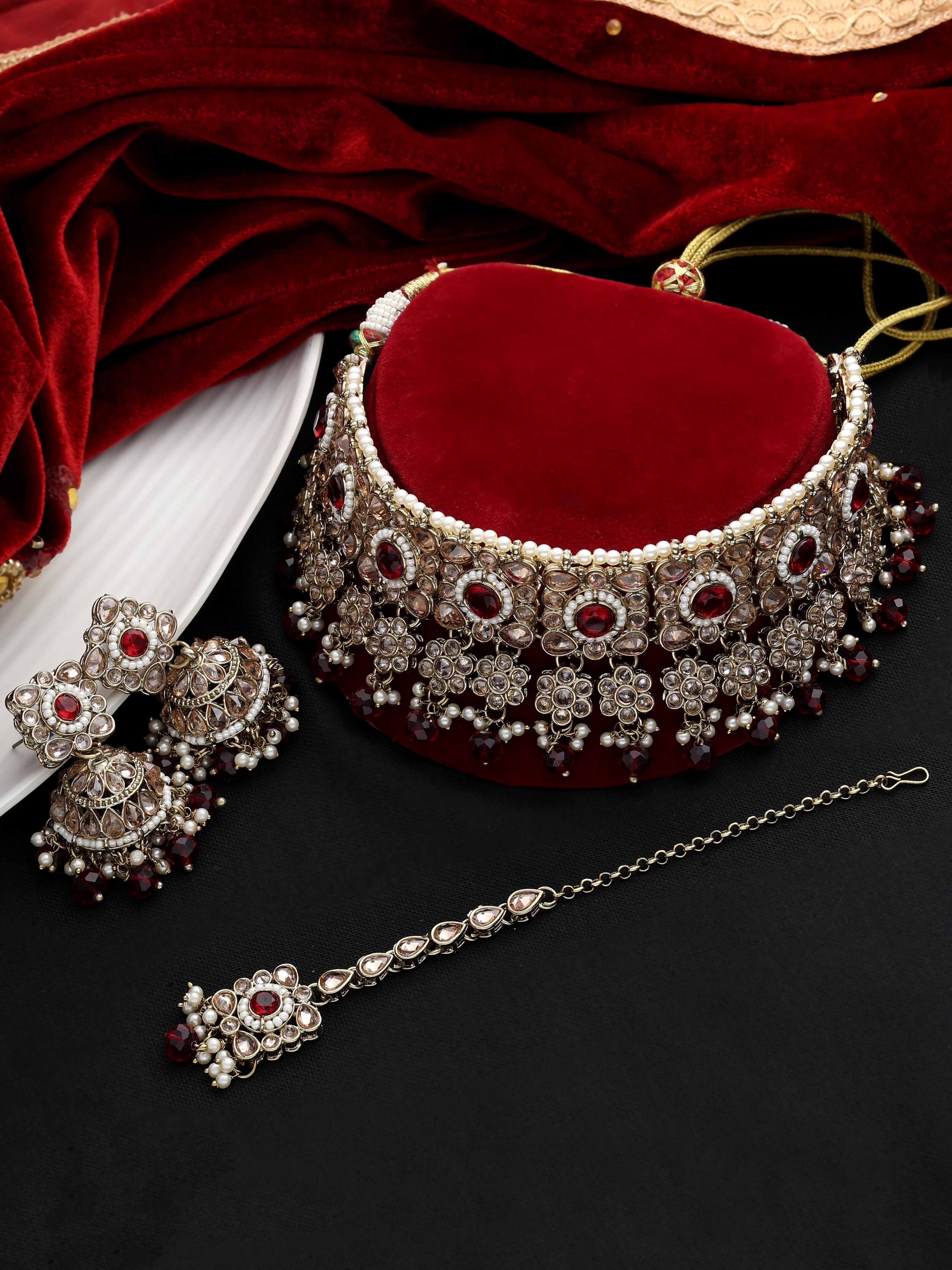 Floral Square Splendor Mehandi plated Reverse AD Choker Necklaces set.