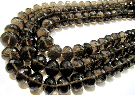 Natural Smoky Quartz Rondelle Faceted 9 to 12mm Graduated Beads Strand 8''long