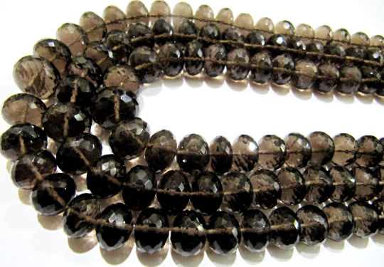 Natural Smoky Quartz Rondelle Faceted 9 to 12mm Graduated Beads Strand 8''long