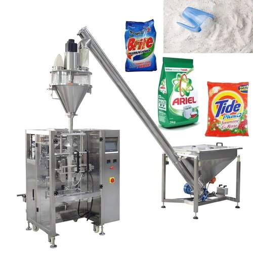 Detergent Powder Packing Machine - Stainless Steel, Variable Dimensions, Silver Color | Automatic Auger Filler, 500-2000 Packets/Hour, PLC Controlled