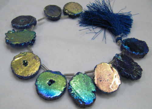 Blue Solar Quartz AB Coated Druzy Coin 20 to 25mm Strands 8 to 9 inches Long