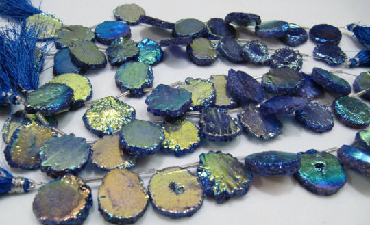 Blue Solar Quartz AB Coated Druzy Coin 20 to 25mm Strands 8 to 9 inches Long