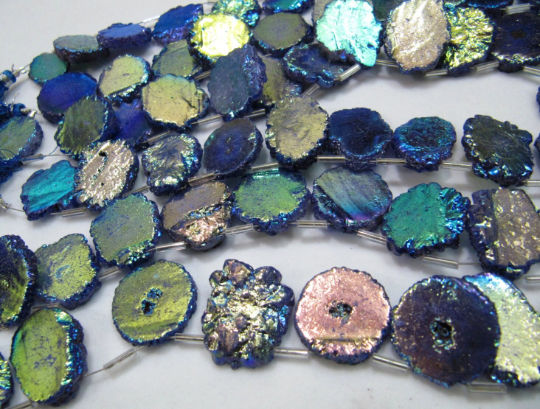 Blue Solar Quartz AB Coated Druzy Coin 20 to 25mm Strands 8 to 9 inches Long