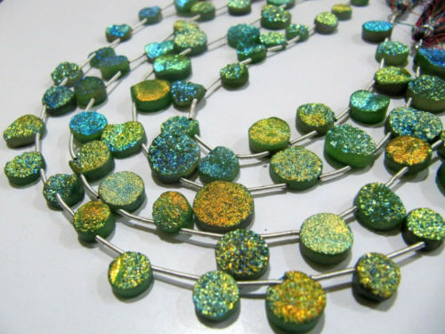 Natural Titanium Coated Agate Green Druzy Round Shape Beads Strand 10''Long