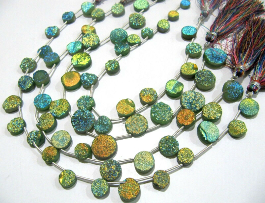 Natural Titanium Coated Agate Green Druzy Round Shape Beads Strand 10''Long